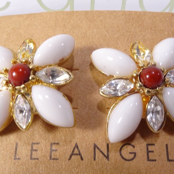 Lee Angel White Red Cabochon Bead Cystal Flower Stud Earrings NWT 78 - Picture 9 of 12